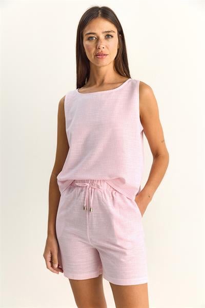 Kadın %100 Pamuk Kalın Askılı Bluz Beli Lastikli Cep Dataylı Şort Çizgili Alt-Üst Takım 60282046 - Beyaz-Pembe