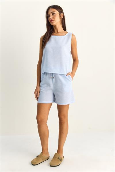 Kadın %100 Pamuk Kalın Askılı Bluz Beli Lastikli Cep Dataylı Şort Çizgili Alt-Üst Takım 60282046 - Beyaz-Mavi