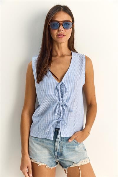 Kadın %100 Pamuk Kalın Askılı Önden Bağlama Detaylı Çizgili Peplum Bluz 60282045 - Beyaz-Lacivert