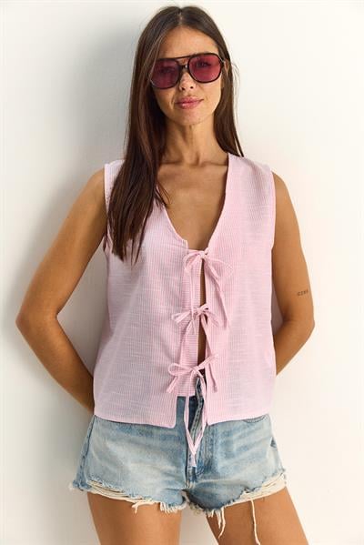 Kadın %100 Pamuk Kalın Askılı Önden Bağlama Detaylı Çizgili Peplum Bluz 60282045 - Beyaz-Pembe