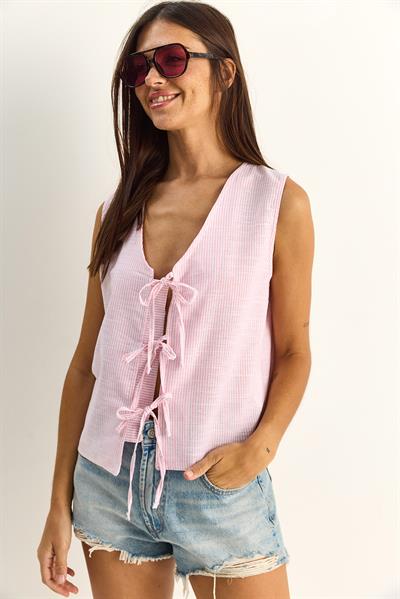 Kadın %100 Pamuk Kalın Askılı Önden Bağlama Detaylı Çizgili Peplum Bluz 60282045 - Beyaz-Pembe