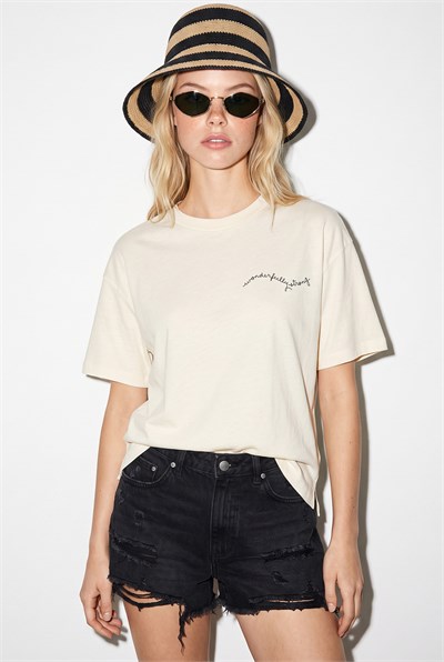 Kadın %100 Pamuk Minimal Baskı Detaylı Oversize T-Shirt 60382632 - Ekru