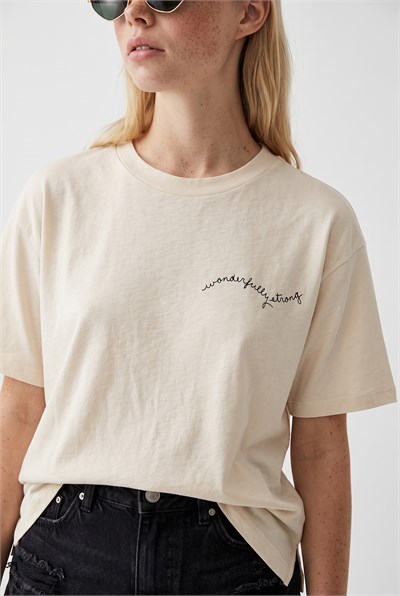 Kadın %100 Pamuk Minimal Baskı Detaylı Oversize T-Shirt 60382632 - Ekru