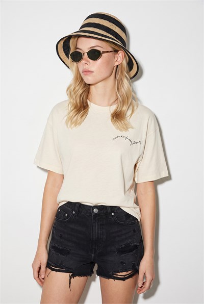 Kadın %100 Pamuk Minimal Baskı Detaylı Oversize T-Shirt 60382632 - Ekru