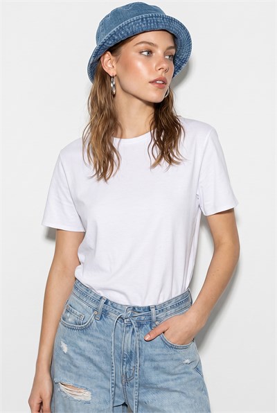 Kadın %100 Pamuk Regular Fit Bisiklet Yaka Basic T-Shirt 60382624 - Beyaz