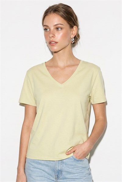 Kadın %100 Pamuk V Yaka Regular Fit T-Shirt 60382621 - Açık Sarı