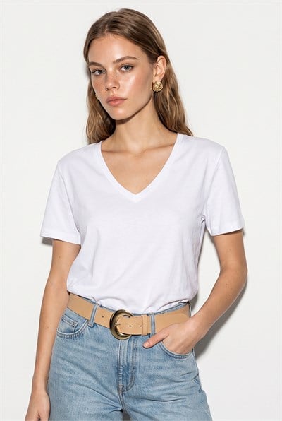 Kadın %100 Pamuk V Yaka Regular Fit T-Shirt 60382621 - Beyaz