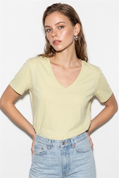 Kadın %100 Pamuk V Yaka Regular Fit T-Shirt 60382621 - Açık Sarı