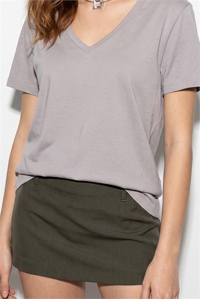 Kadın %100 Pamuk V Yaka Regular Fit T-Shirt 60382621 - Açık Vizon