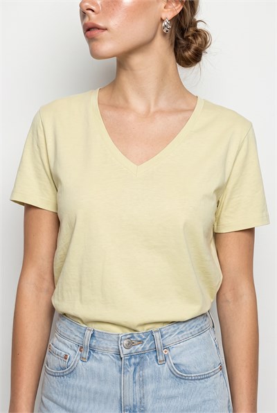 Kadın %100 Pamuk V Yaka Regular Fit T-Shirt 60382621 - Açık Sarı