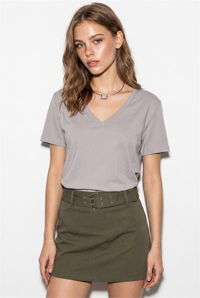 Kadın %100 Pamuk V Yaka Regular Fit T-Shirt 60382621 - Açık Vizon