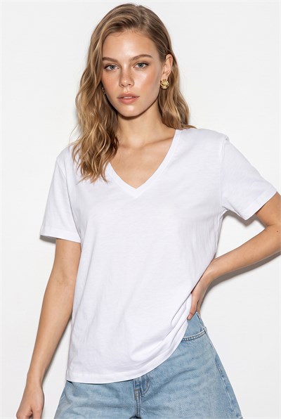 Kadın %100 Pamuk V Yaka Regular Fit T-Shirt 60382621 - Beyaz