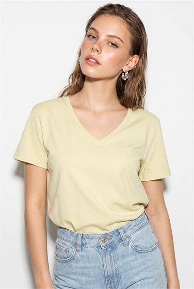 Kadın %100 Pamuk V Yaka Regular Fit T-Shirt 60382621 - Açık Sarı