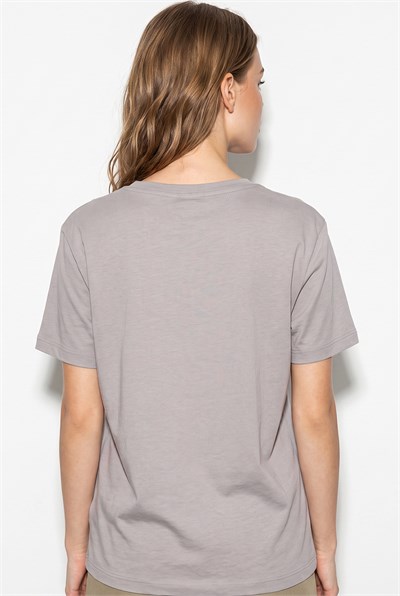 Kadın %100 Pamuk V Yaka Regular Fit T-Shirt 60382621 - Açık Vizon