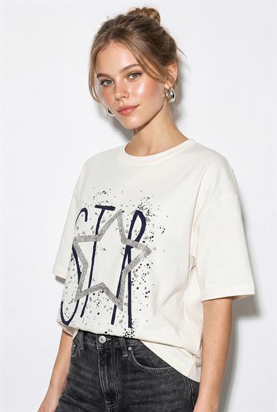 Kadın %100 Pamuk Yıldız ve Kabartma Baskı Detaylı Oversize Basic T-Shirt ÖT100019 60286294 - Beyaz