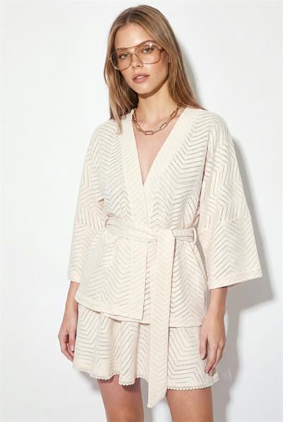 Kadın %100 Pamuk Zikzak Desenli Kimono Bluz Kat Kat Mini Etek Takım 7662 60286310 - Krem