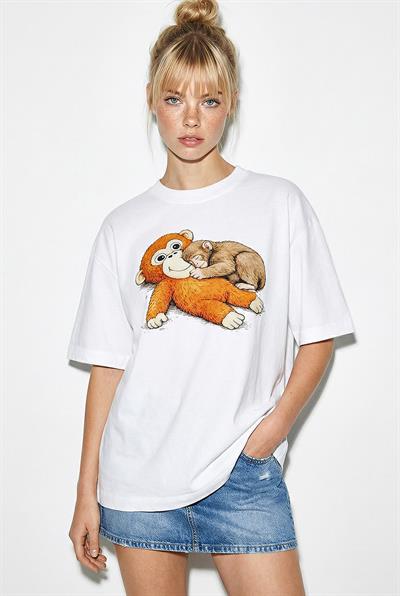 Kadın %100 Pamuklu Bisiklet Yaka Maymun Punch Baskılı Oversize T-Shirt ÖT261036 60286078 - Beyaz