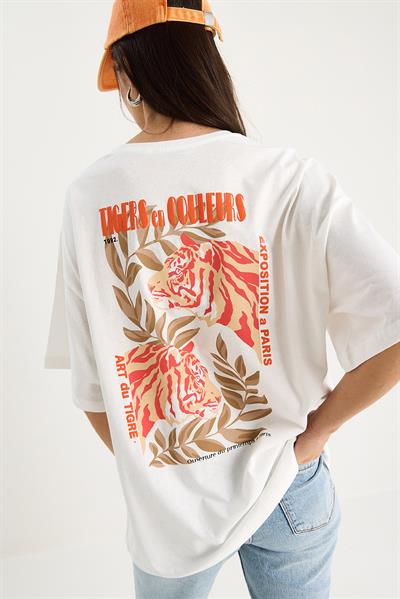 Kadın %100 Pamuklu Kaplan Baskılı Oversize T-Shirt 6015 60283454 - Beyaz