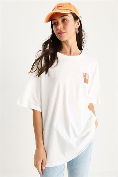 Kadın %100 Pamuklu Kaplan Baskılı Oversize T-Shirt 6015 60283454 - Beyaz