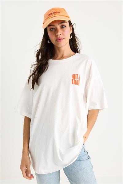 Kadın %100 Pamuklu Kaplan Baskılı Oversize T-Shirt 6015 60283454 - Beyaz