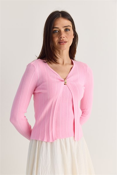 Kadın 2 Parça Aksesuar Detaylı Fitilli Triko Bluz ve Atlet Kaşmür Dokulu Takım TT261011 60286613 - Pembe