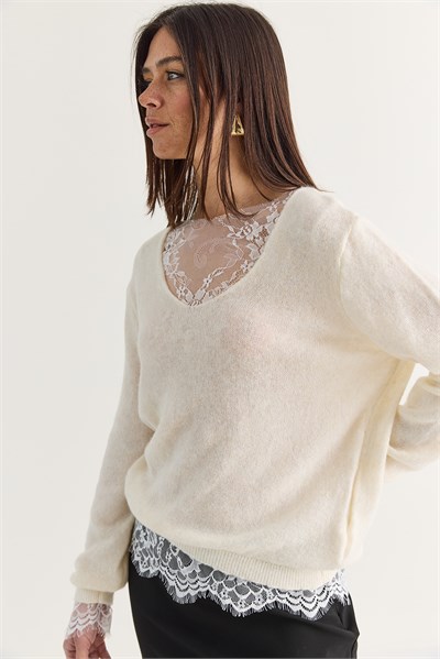 Kadın 2 Parça Dantel Bluz ve V Yaka Oversize Triko Kazak Takım TK261156 60286726 - Krem
