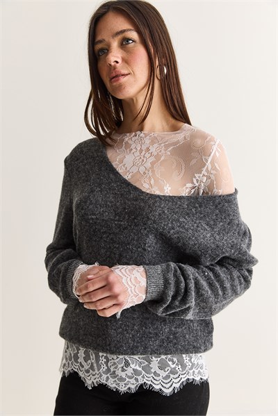 Kadın 2 Parça Dantel Bluz ve V Yaka Oversize Triko Kazak Takım TK261156 60286726 - Antrasit