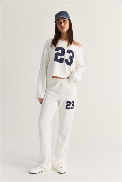 Kadın 23 Baskılı Kayık Yaka Sweat Beli Lastikli Cep Detaylı Modal İkili Takım 12420 60286499 - Beyaz