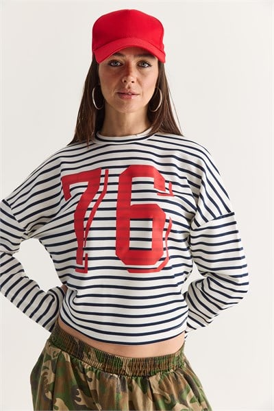 Kadın 76 Baskılı Çizgili Bisiklet Yaka Oversize Modal Sweatshirt 36073 60286738 - Ekru-Lacivert