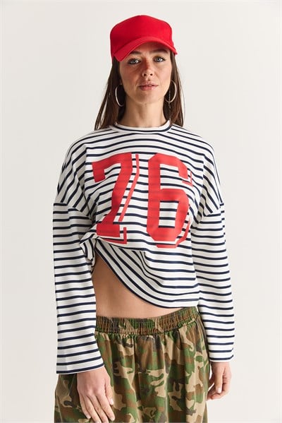 Kadın 76 Baskılı Çizgili Bisiklet Yaka Oversize Modal Sweatshirt 36073 60286738 - Ekru-Lacivert