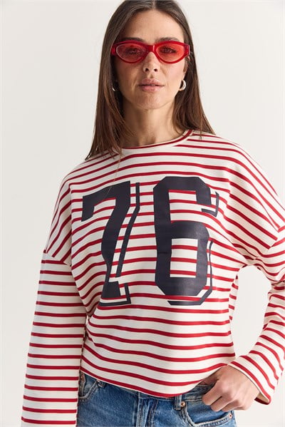 Kadın 76 Baskılı Çizgili Bisiklet Yaka Oversize Modal Sweatshirt 36073 60286738 - Ekru-Kırmızı