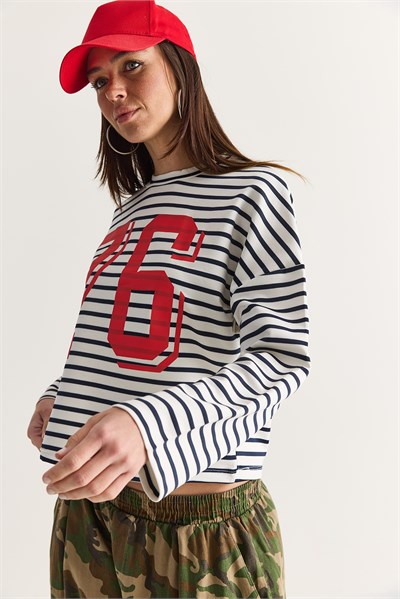 Kadın 76 Baskılı Çizgili Bisiklet Yaka Oversize Modal Sweatshirt 36073 60286738 - Ekru-Lacivert