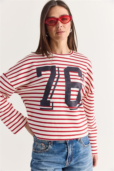 Kadın 76 Baskılı Çizgili Bisiklet Yaka Oversize Modal Sweatshirt 36073 60286738 - Ekru-Kırmızı
