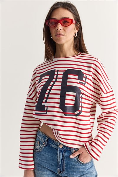 Kadın 76 Baskılı Çizgili Bisiklet Yaka Oversize Modal Sweatshirt 36073 60286738 - Ekru-Kırmızı