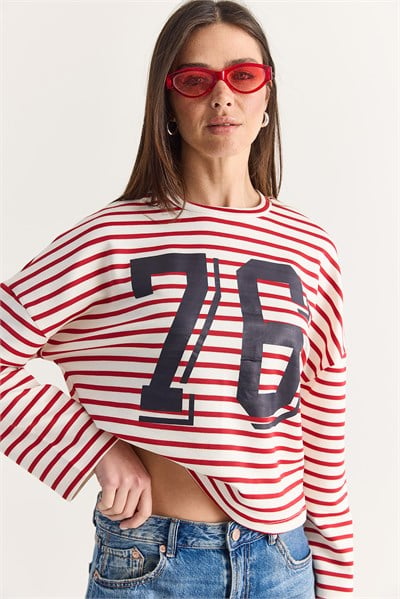 Kadın 76 Baskılı Çizgili Bisiklet Yaka Oversize Modal Sweatshirt 36073 60286738 - Ekru-Kırmızı