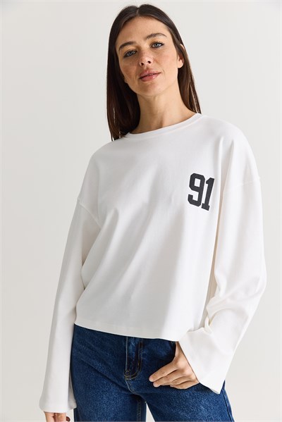 Kadın 91 Baskılı Oversize Uzun Kollu Modal T-Shirt 12470 60286559 - Beyaz