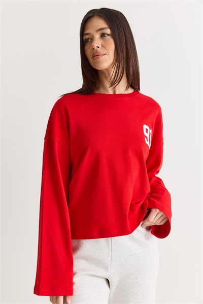 Kadın 91 Baskılı Oversize Uzun Kollu Modal T-Shirt 12470 60286559 - Kırmızı