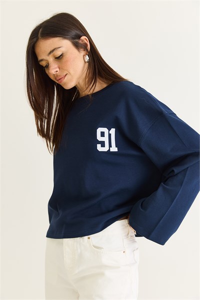 Kadın 91 Baskılı Oversize Uzun Kollu Modal T-Shirt 12470 60286559 - Lacivert
