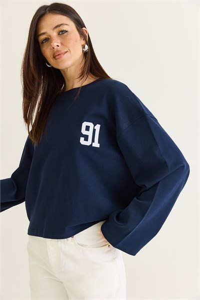 Kadın 91 Baskılı Oversize Uzun Kollu Modal T-Shirt 12470 60286559 - Lacivert