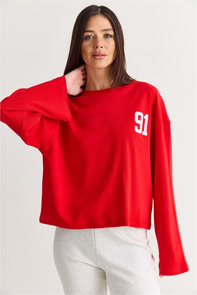 Kadın 91 Baskılı Oversize Uzun Kollu Modal T-Shirt 12470 60286559 - Kırmızı