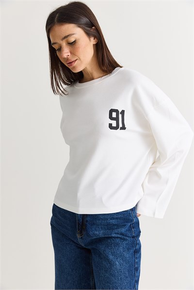 Kadın 91 Baskılı Oversize Uzun Kollu Modal T-Shirt 12470 60286559 - Beyaz