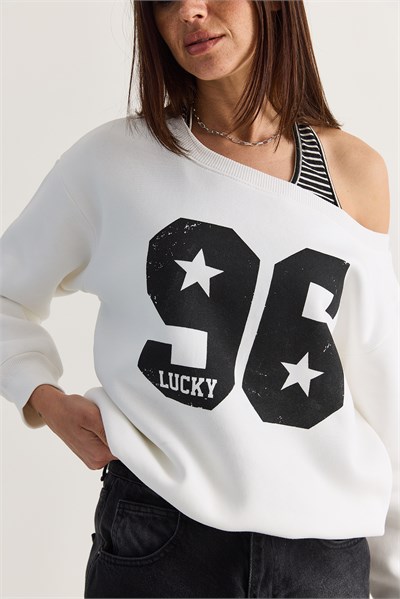 Kadın 96 Lucky Baskılı Birleşik Atlet Detaylı Kayık Yaka Sweatshirt 814 60286601 - Beyaz