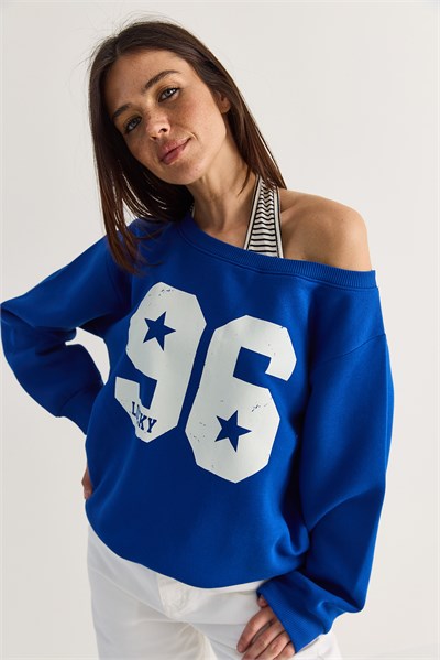 Kadın 96 Lucky Baskılı Birleşik Atlet Detaylı Kayık Yaka Sweatshirt 814 60286601 - Saks