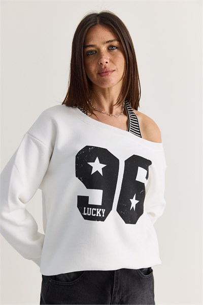 Kadın 96 Lucky Baskılı Birleşik Atlet Detaylı Kayık Yaka Sweatshirt 814 60286601 - Beyaz