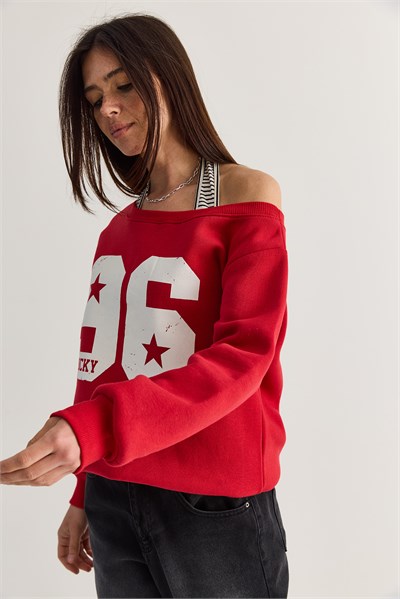Kadın 96 Lucky Baskılı Birleşik Atlet Detaylı Kayık Yaka Sweatshirt 814 60286601 - Kırmızı