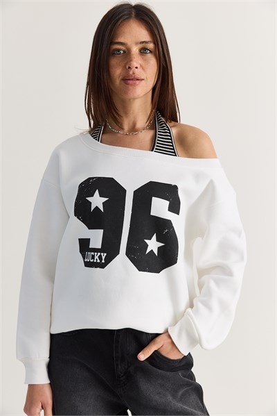 Kadın 96 Lucky Baskılı Birleşik Atlet Detaylı Kayık Yaka Sweatshirt 814 60286601 - Beyaz