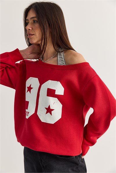 Kadın 96 Lucky Baskılı Birleşik Atlet Detaylı Kayık Yaka Sweatshirt 814 60286601 - Kırmızı