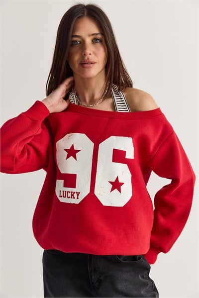 Kadın 96 Lucky Baskılı Birleşik Atlet Detaylı Kayık Yaka Sweatshirt 814 60286601 - Kırmızı