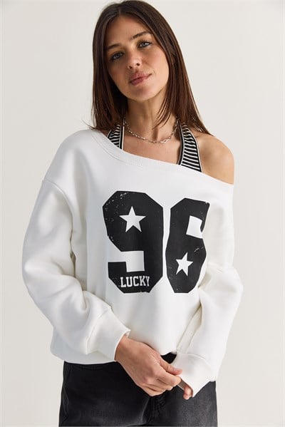 Kadın 96 Lucky Baskılı Birleşik Atlet Detaylı Kayık Yaka Sweatshirt 814 60286601 - Beyaz