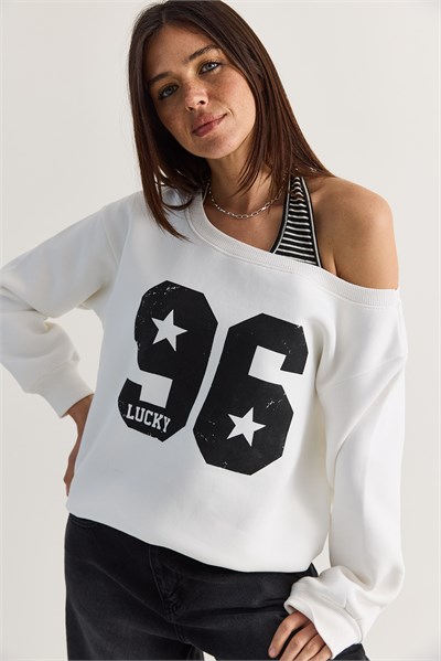 Kadın 96 Lucky Baskılı Birleşik Atlet Detaylı Kayık Yaka Sweatshirt 814 60286601 - Beyaz